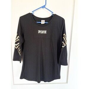 PINK Victoria’s Secret Black 3/4 Sleeve Tee Gold Sequin Logo Top Size S